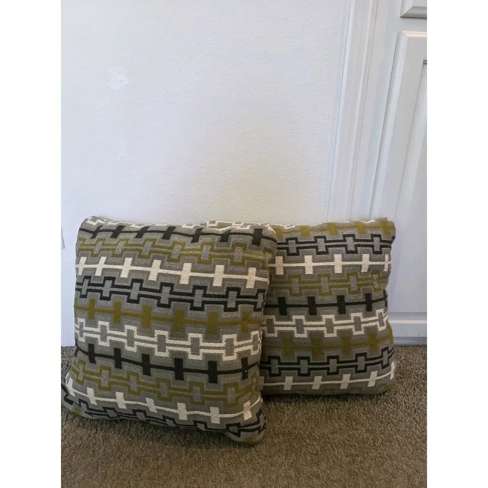 Set of 2 Geometric Greek Key Throw Pillows Olive Green Grey Cream Square 18in